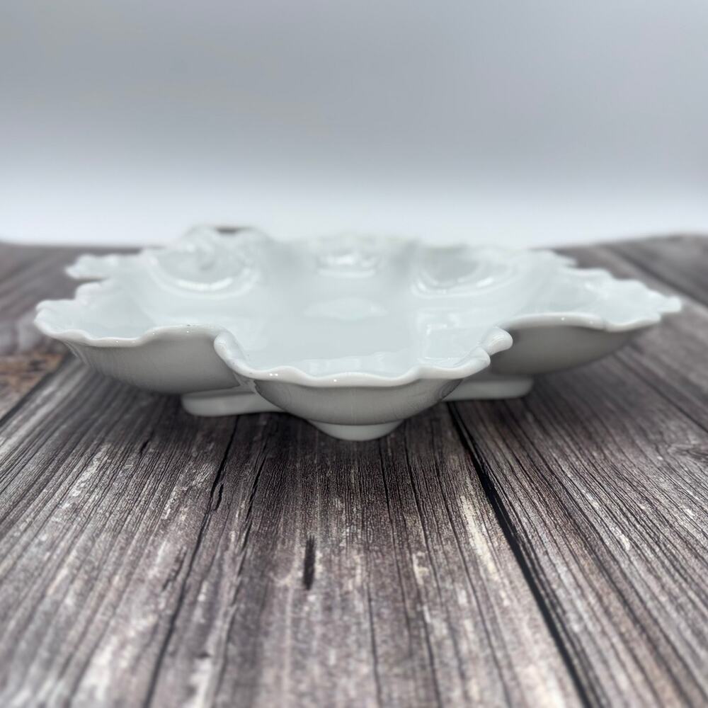 VTG Betson Japan White Porcelain Leaf Candy Dish Twig Handle Ruffled MCM UCAGC